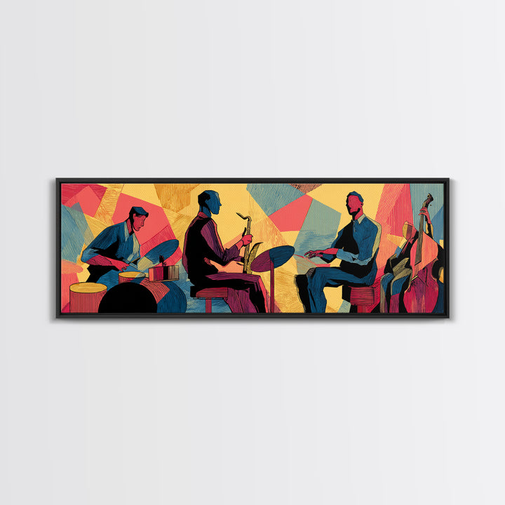 Vibrant Jazz Trio And Bass Canvas Print, Midcentury Modern Wall Art, Colorful Music Poster, Bold Retro Living Room Decor