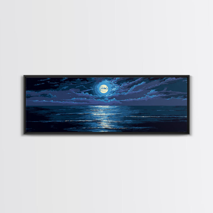 Dramatic Moonlit Ocean With Storm Clouds Wall Art, Modern Coastal Decor, Blue Seascape, Moody Bedroom Large Canvas Print