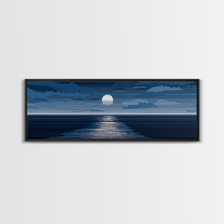 Blue Moonlit Ocean Horizon Wall Art, Mid Century Modern Seascape Print, Navy Coastal Decor, Serene Bedroom Artwork, Living Room Art