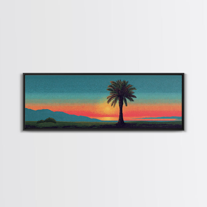 Grainy Palm Mountain Sunset Wall Art, Retro California Landscape Print, Teal Orange Mid Century Decor, Tropical Living Room Art