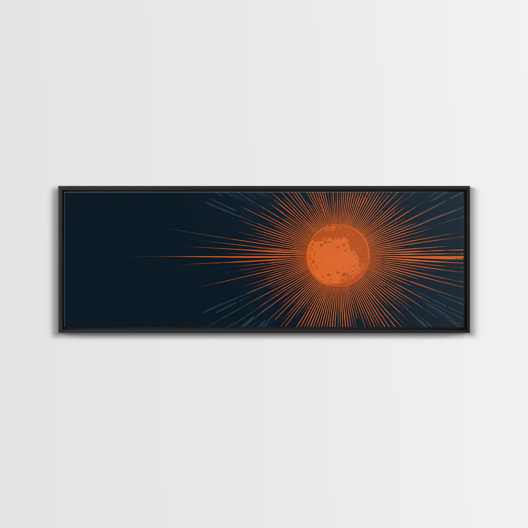 Orange Radiant Sunburst Wall Art, Atomic Mid Century Modern Print, Dark Navy Geometric Decor, Bold Solar Living Room Poster