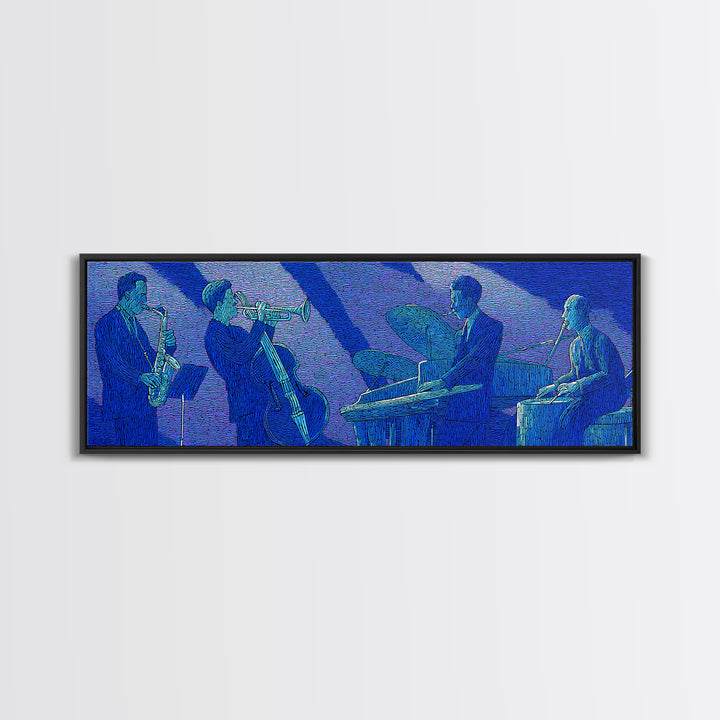 Blue Textured Jazz Ensemble Canvas Print, Modern Wall Art, Midcentury Music Poster, Cool Retro Living Room Home Office Decor
