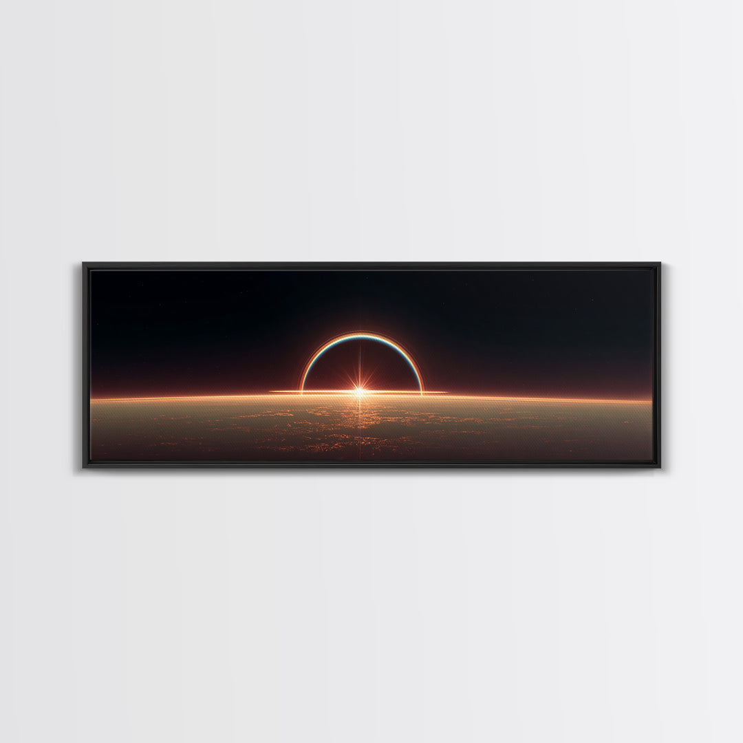 Futuristic Eclipse Horizon Framed Canvas Print, Sci Fi Planet Sunrise Wall Decor, Modern Space Art, Cinematic Living Room Poster