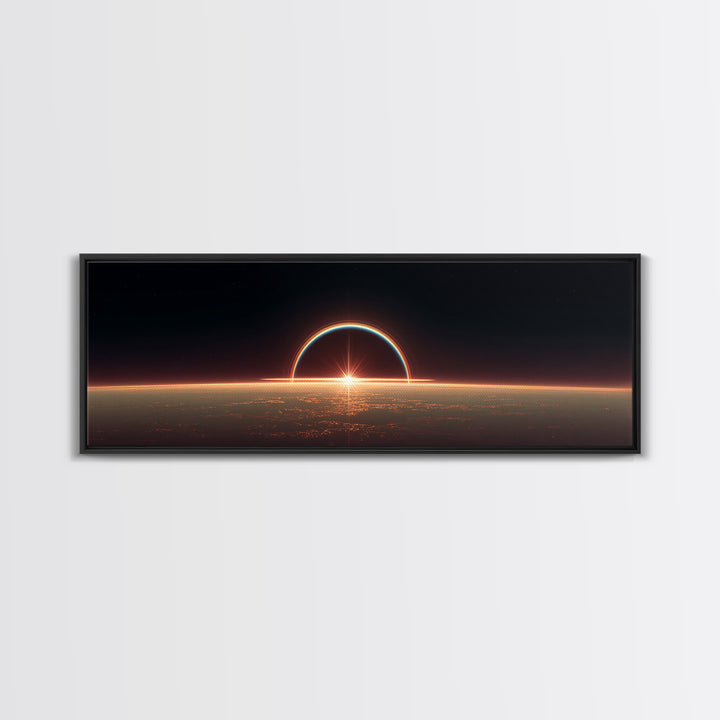 Futuristic Eclipse Horizon Framed Canvas Print, Sci Fi Planet Sunrise Wall Decor, Modern Space Art, Cinematic Living Room Poster