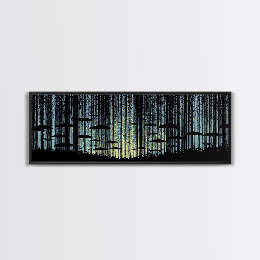Blue Rain Umbrella Wall Art, Retro Illustration, Atmospheric Modern Art Print, Moody Bedroom Decor And Office Wall Decor