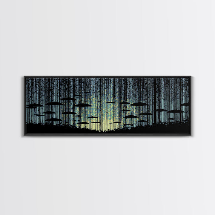 Blue Rain Umbrella Wall Art, Retro Illustration, Atmospheric Modern Art Print, Moody Bedroom Decor And Office Wall Decor