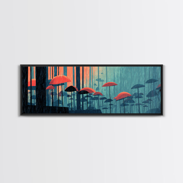 Teal Forest Umbrella Wall Art, Rainy Modern Art Print, Coral Blue Retro Decor, Atmospheric Living Room Canvas Print Gift
