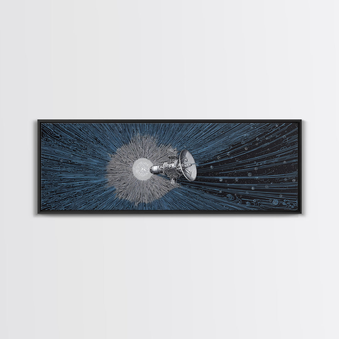 Deep Space Satellite Wall Art, Blue Sci Fi Retro Art, Modern Abstract Art Print, Large Panoramic Poster For Office Decor