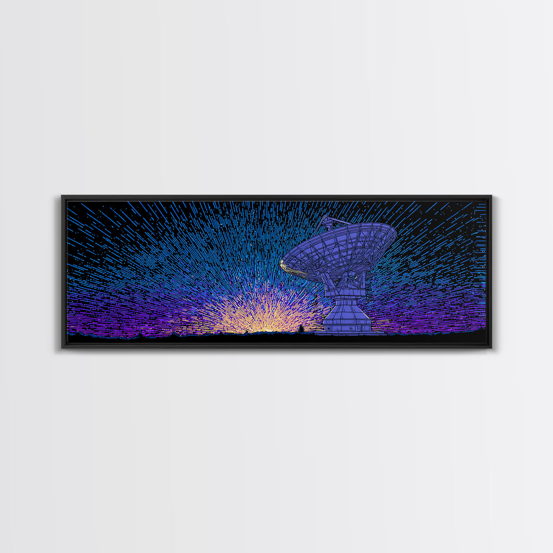 Blue Radio Telescope Starburst Wall Art, Retro Sci Fi Observatory Poster, Mid Century Modern Space Decor, Panoramic Canvas Print