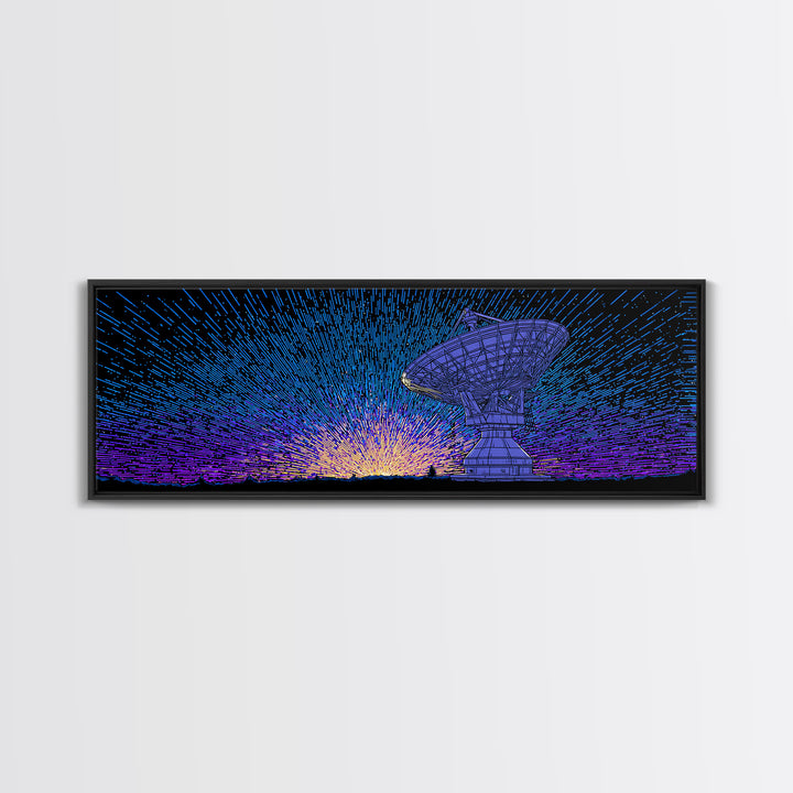 Blue Radio Telescope Starburst Wall Art, Retro Sci Fi Observatory Poster, Mid Century Modern Space Decor, Panoramic Canvas Print