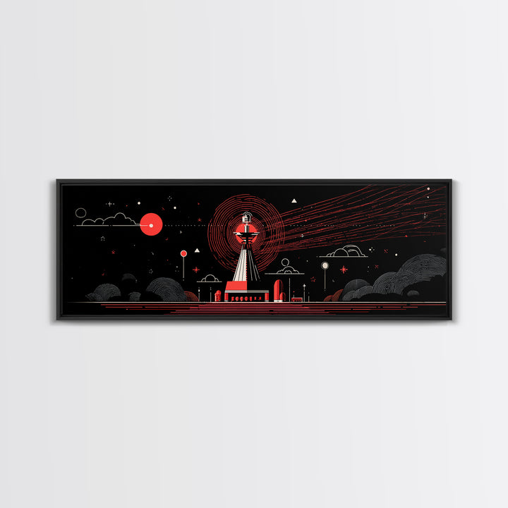 Red Observatory Beacon Wall Art, Retro Sci Fi Space Poster, Mid Century Modern Atomic Radio Telescope Panoramic Canvas Print