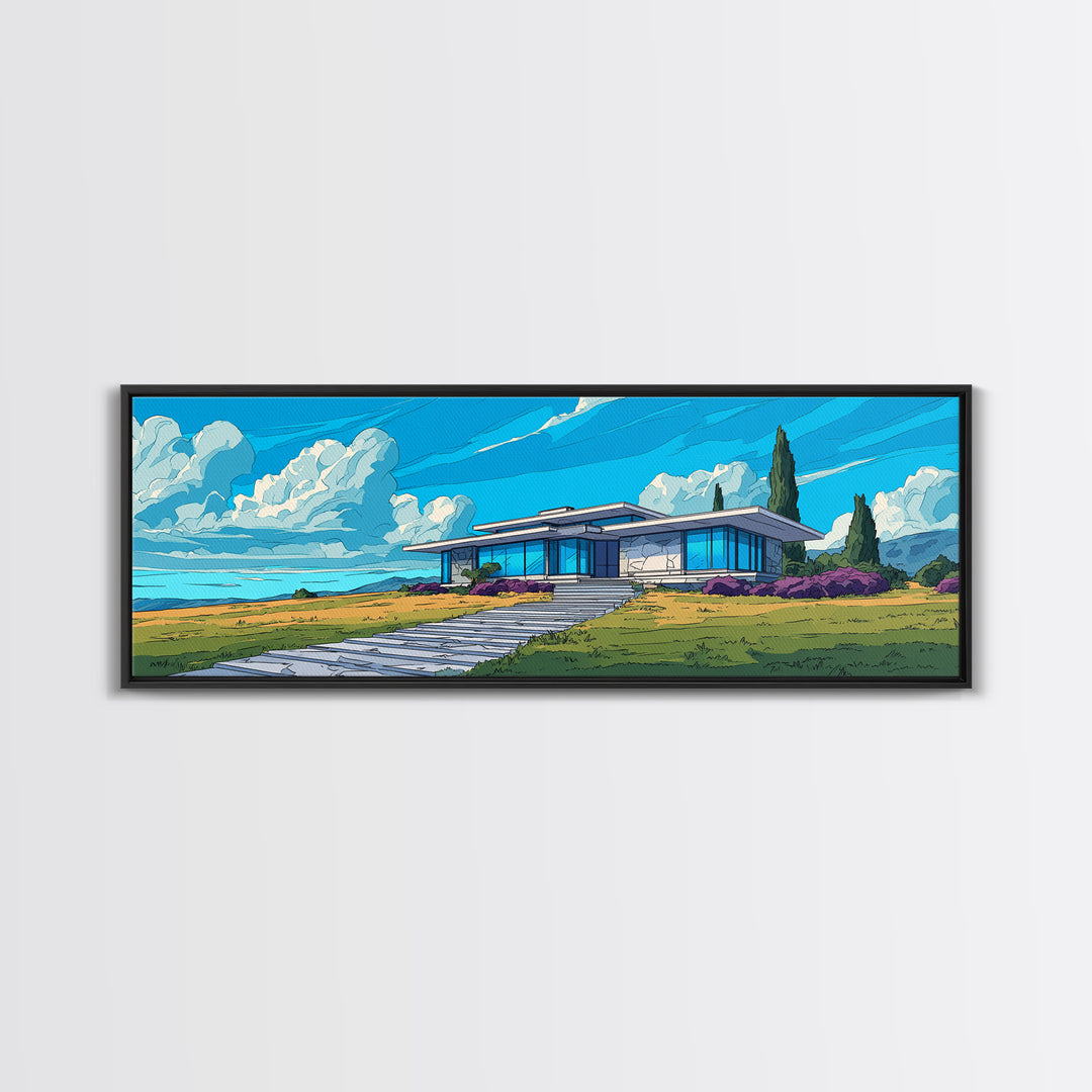 Blue Mid Century Ranch House Wall Art, Modern Architecture Poster, Palm Springs Decor, MCM Home Landscape Framed Canvas Print