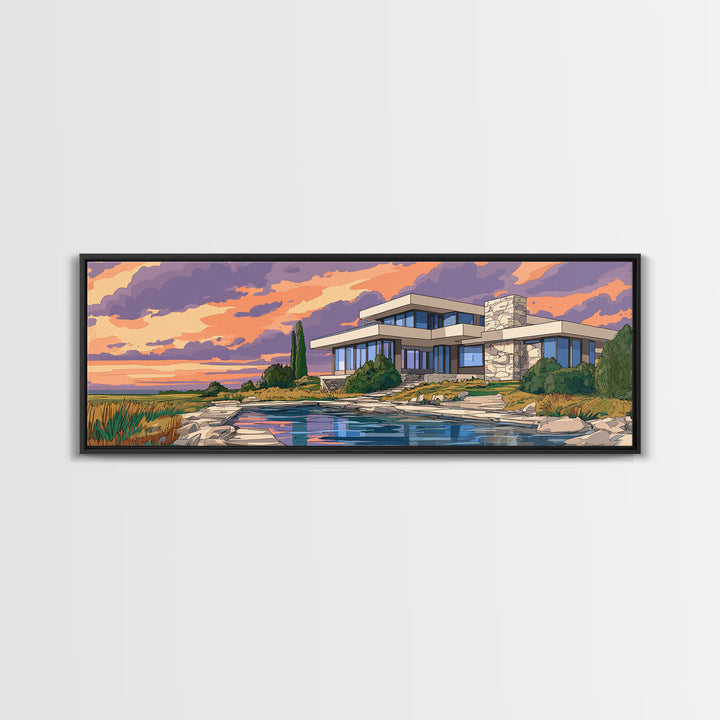 Lakeside Modernist Villa Wall Art, Sunset Mid Century Modern Architecture Poster, MCM Home Decor Scenic Framed Canvas Print