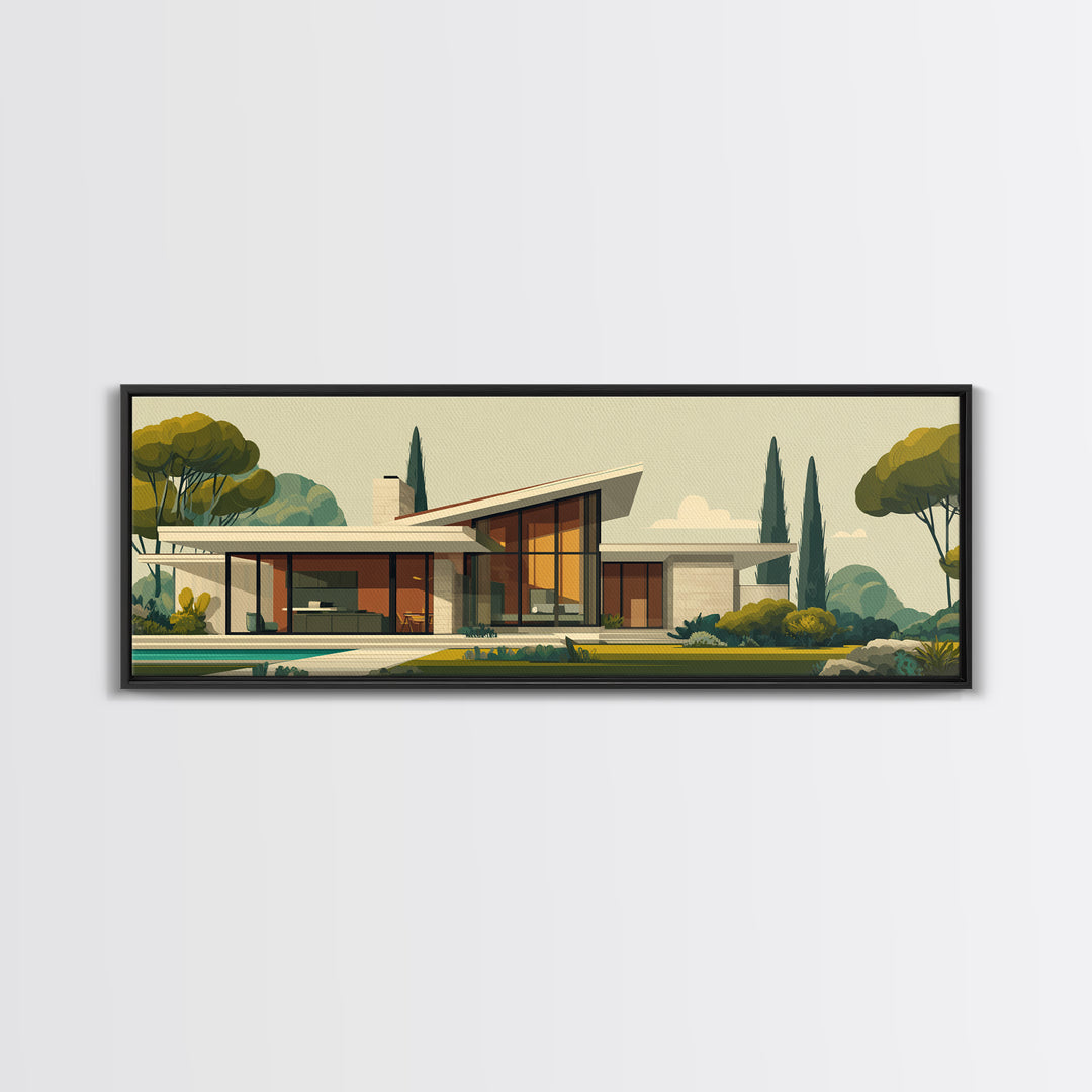 Angular Mid Century Modern House Wall Art, Retro Architecture Poster, Scandinavian Modern Home Decor Framed Canvas Print