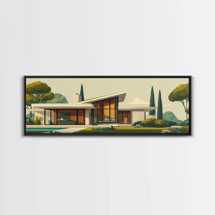 Angular Mid Century Modern House Wall Art, Retro Architecture Poster, Scandinavian Modern Home Decor Framed Canvas Print