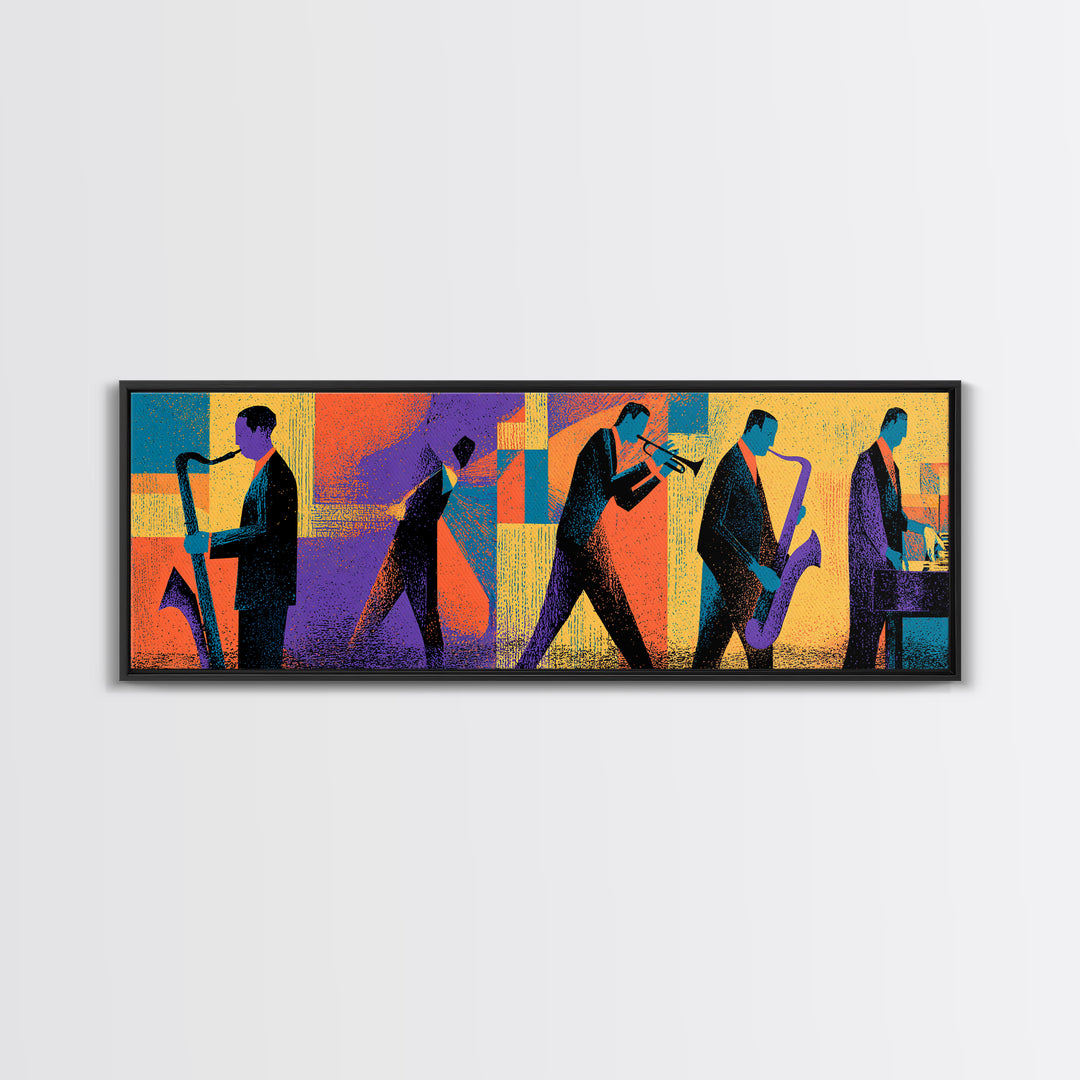Graphic Jazz Musicians Canvas Print, Midcentury Modern Wall Art, Colorful Abstract Music Poster, Retro Home Office Decor
