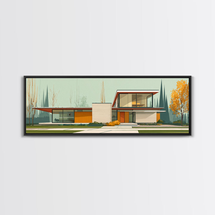 Midcentury Glass House Autumn Landscape Wall Art, Modern Architecture Print, MCM Decor, Retro Home Decor, Large Canvas Print