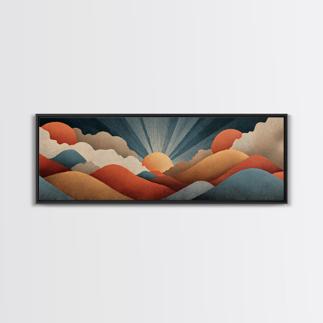 Textured Sun And Twin Clouds Over Rolling Hills Wall Art, Midcentury Modern Print, Retro Earth Tone Decor, Abstract Canvas