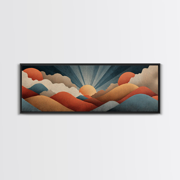 Textured Sun And Twin Clouds Over Rolling Hills Wall Art, Midcentury Modern Print, Retro Earth Tone Decor, Abstract Canvas