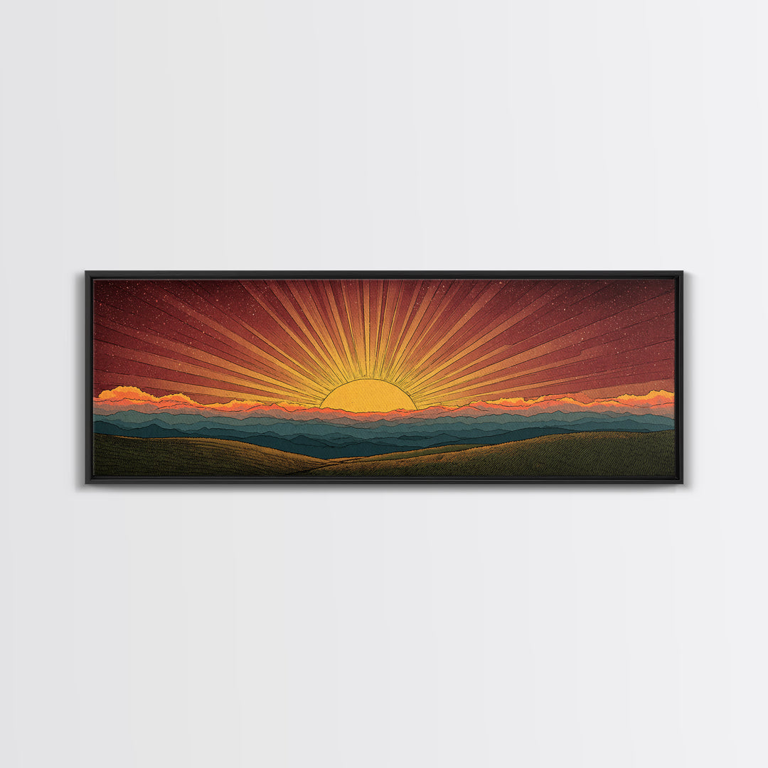 Radiant Orange Sunset Behind Blue Mountains Canvas Print, Midcentury Sun Wall Art, Retro Landscape Decor, MCM Home Poster