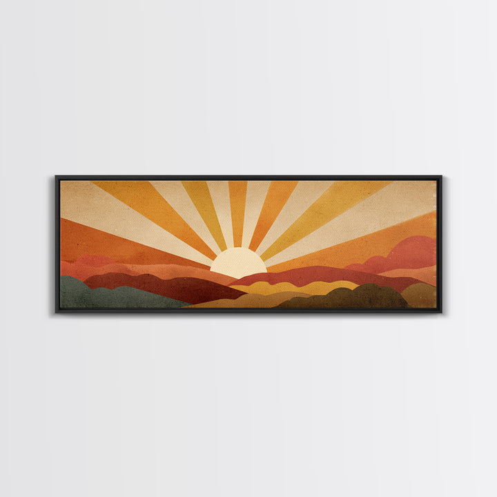 Warm Orange Sun Rays Over Abstract Hills Wall Art, Midcentury Modern Print, Retro Desert Decor, Minimalist Canvas Poster