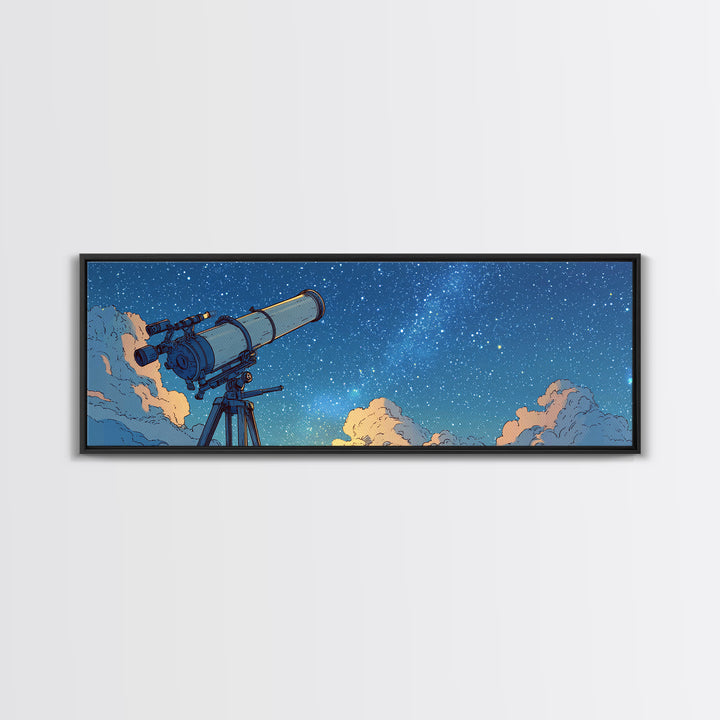 Blue Night Telescope And Stars Canvas Print, Retro Space Poster, Midcentury Wall Art, Astronomy Decor, Modern Art Print, MCM