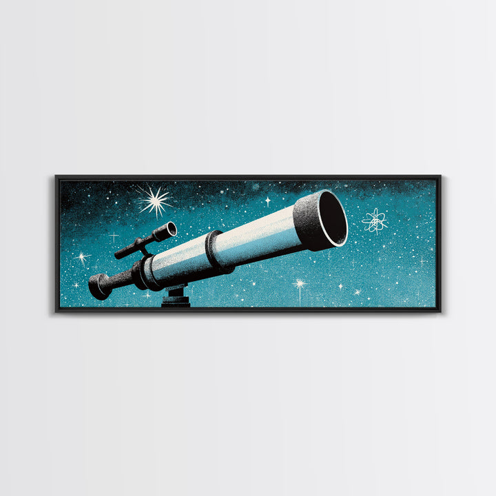 Close Up Blue Telescope Framed Canvas Print, Retro Astronomy Wall Art, Midcentury Modern Decor, Starry Space Poster, Office Art