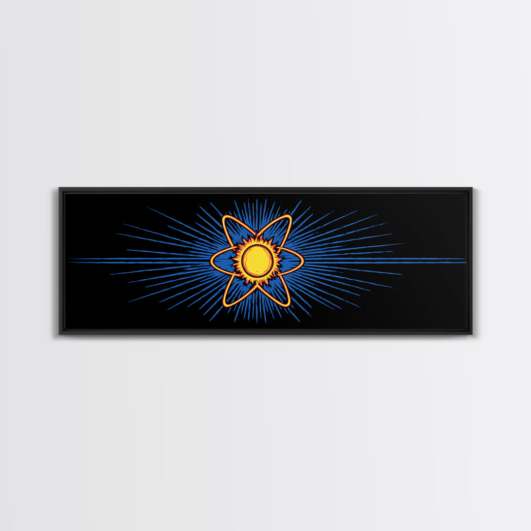 Glowing Atom With Blue Rays Wall Art, Atomic Retro Poster, Midcentury Modern Decor, Space Abstract Art, Geometric MCM Print