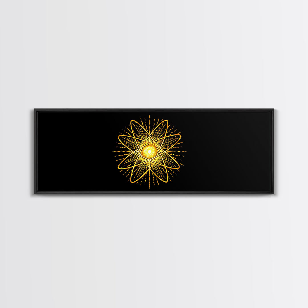 Golden Atomic Star On Black Canvas Print, Midcentury Modern Art, Retro Space Poster, Geometric Wall Decor, MCM Abstract Art