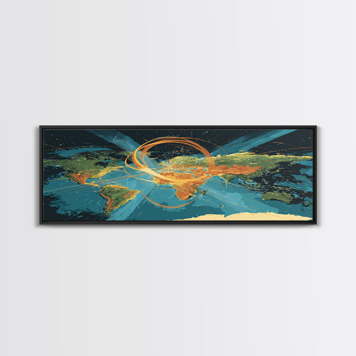 World Map With Orbital Energy Rings Framed Canvas Print, Retro Futurist Wall Art, Modern Abstract Art, Office Decor, MCM