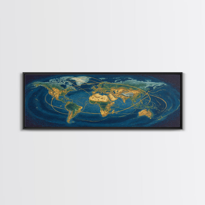 Golden World Map With Orbital Routes Wall Art, Panoramic Modern Art Print, Travel Wall Decor, Office Decor, Blue Gold Poster