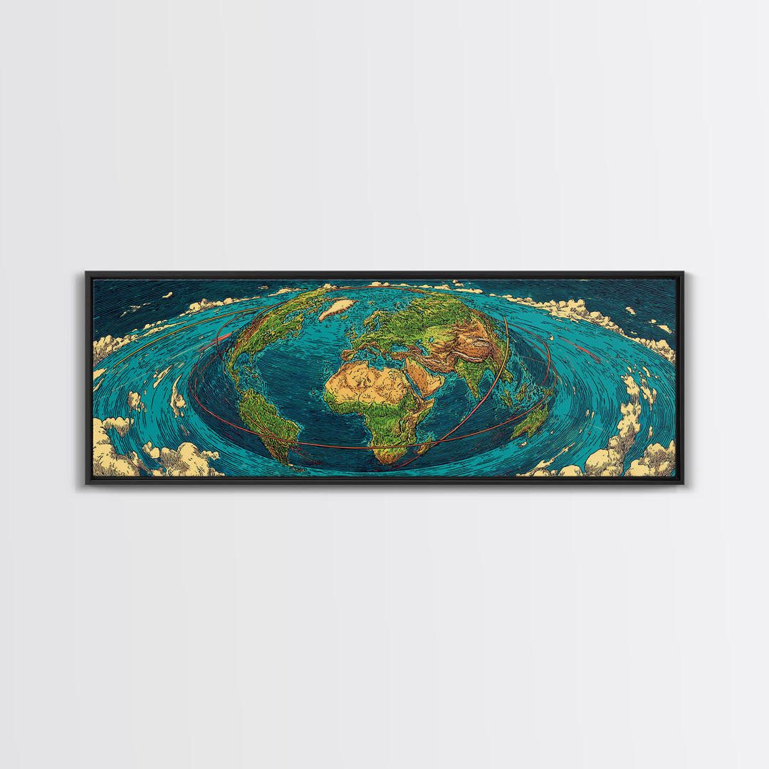 Turquoise Fisheye World Map Canvas Print, Panoramic Travel Wall Art, Modern Home Decor, Office Poster, Blue Green Artwork