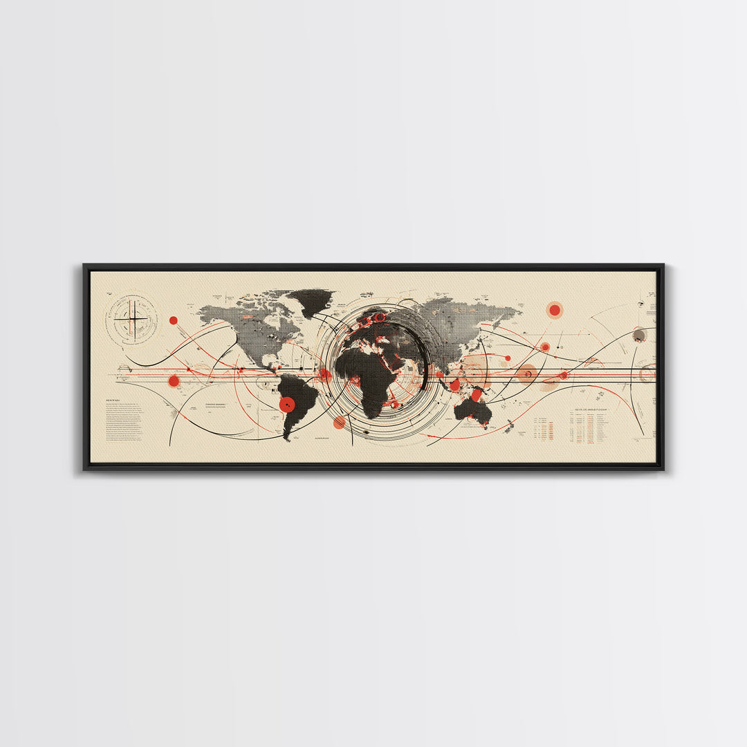 Abstract World Map With Red Orbit Lines Wall Art, Midcentury Modern Art Print, Office Decor, Home Decor, Geometric Travel Poster