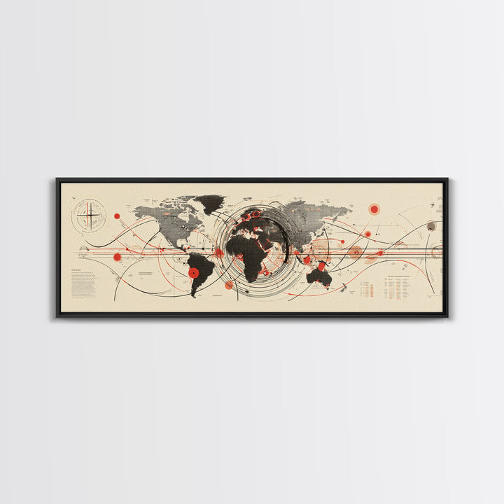 Abstract World Map With Red Orbit Lines Wall Art, Midcentury Modern Art Print, Office Decor, Home Decor, Geometric Travel Poster