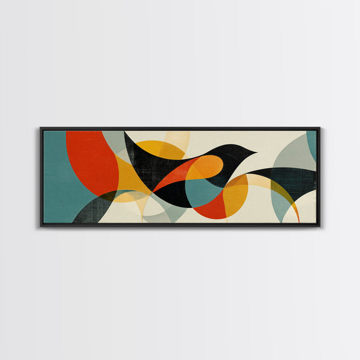 Black Bird With Transparent Circles Wall Art, Midcentury Modern Canvas Print, Abstract Geometric Poster, Retro Home Decor