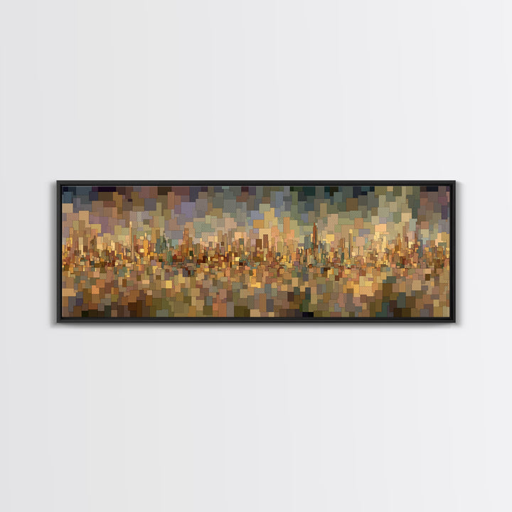 Golden Abstract City Reflection Wall Art, Modern Urban Panorama Print, Midcentury Modern Decor, Large Living Room Art Decor