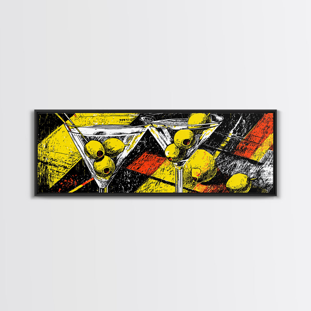 Bold Martini Glasses And Olives Wall Art, Retro Modern Cocktail Bar Decor, Yellow Black MCM Kitchen Poster Print For Lounge Decor