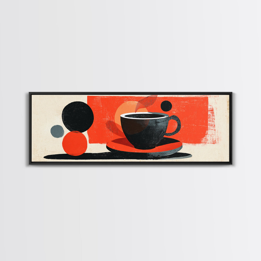 Minimal Black Coffee Cup With Red Circles Wall Art, Bauhaus Modern Kitchen Decor, Midcentury Abstract Cafe Poster Print Gift
