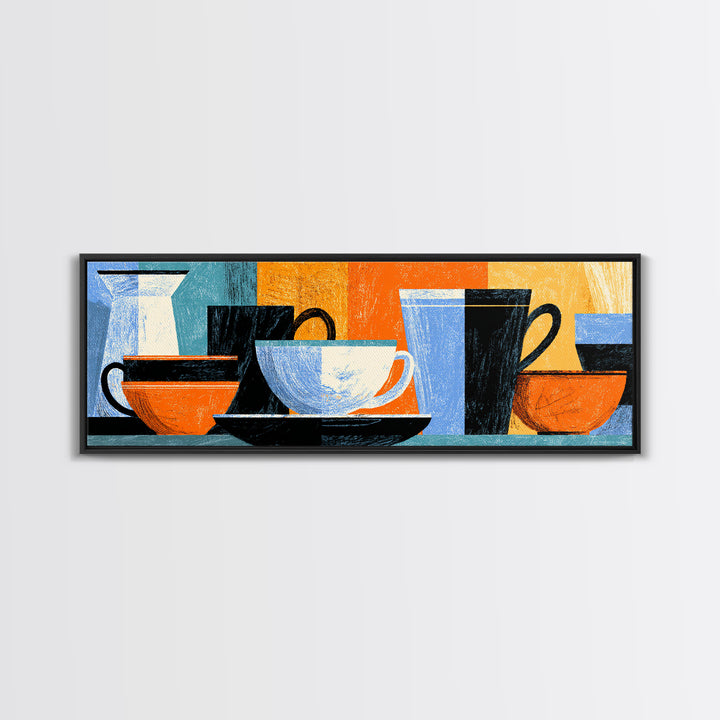Modern Coffee Cups And Bowls Framed Canvas Print, Retro Kitchen Wall Decor, Midcentury Geometric Cafe Art For Dining Room
