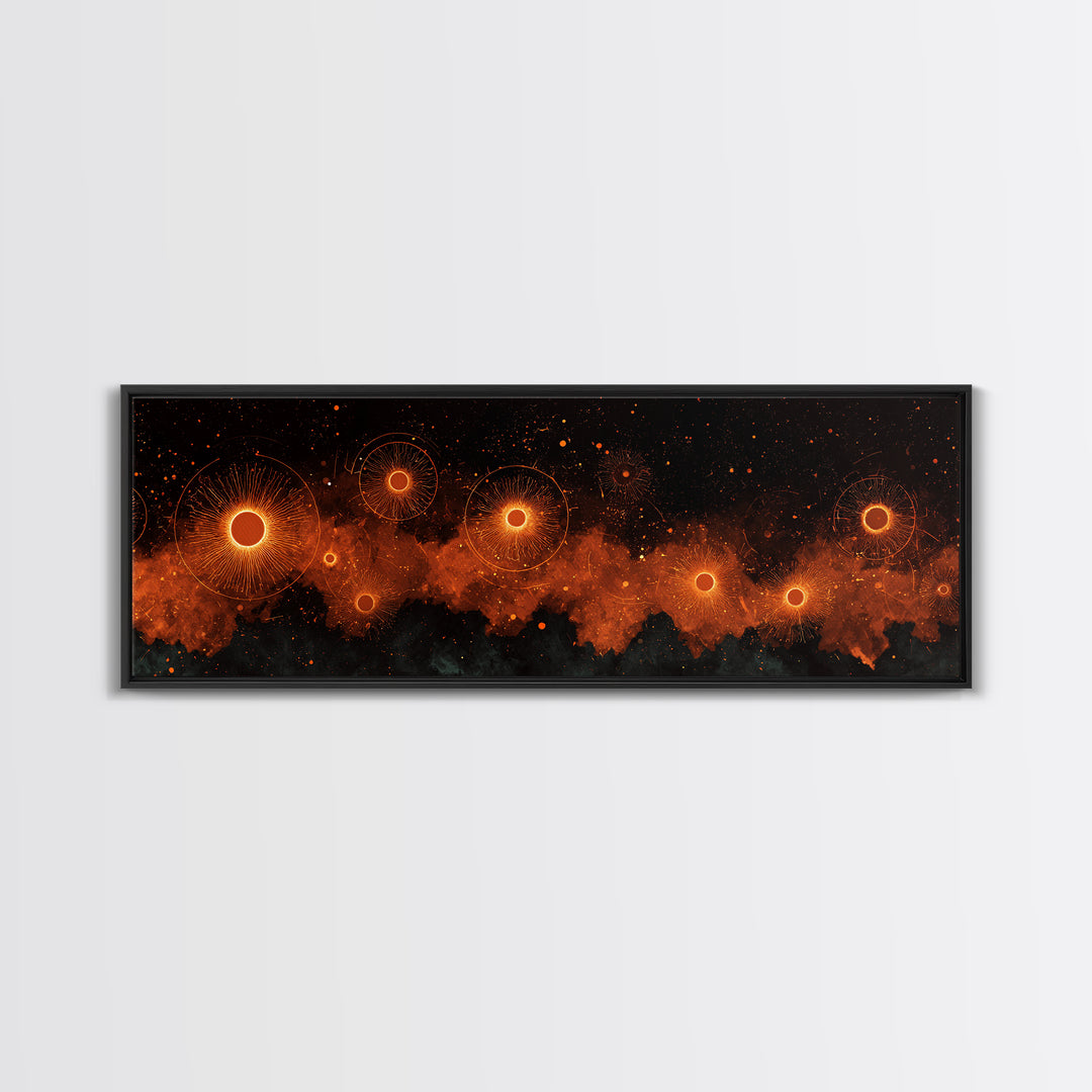 Glowing Orange Cosmic Suns Canvas Print, Space Abstract Wall Art, Modern Retro Poster, Moody Bedroom Office Decor Artwork