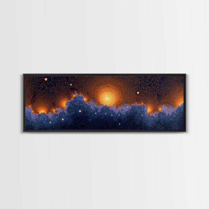 Golden Sun Over Blue Forest Wall Art, Cosmic Nature Canvas Print, Modern Abstract Poster, Moody Bedroom Office Decor Artwork