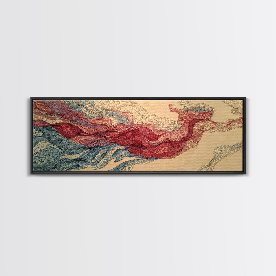 Red Blue Topographic Abstract Landscape Wall Art, Modern Canvas Print, Geometric Line Poster, Contemporary Office Decor Artwork