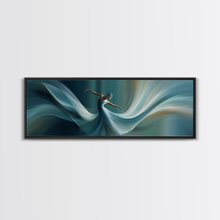 Graceful Dancer In Flowing Teal Dress Canvas Print, Elegant Modern Wall Art, Figurative Movement Poster, Bedroom Decor Gift