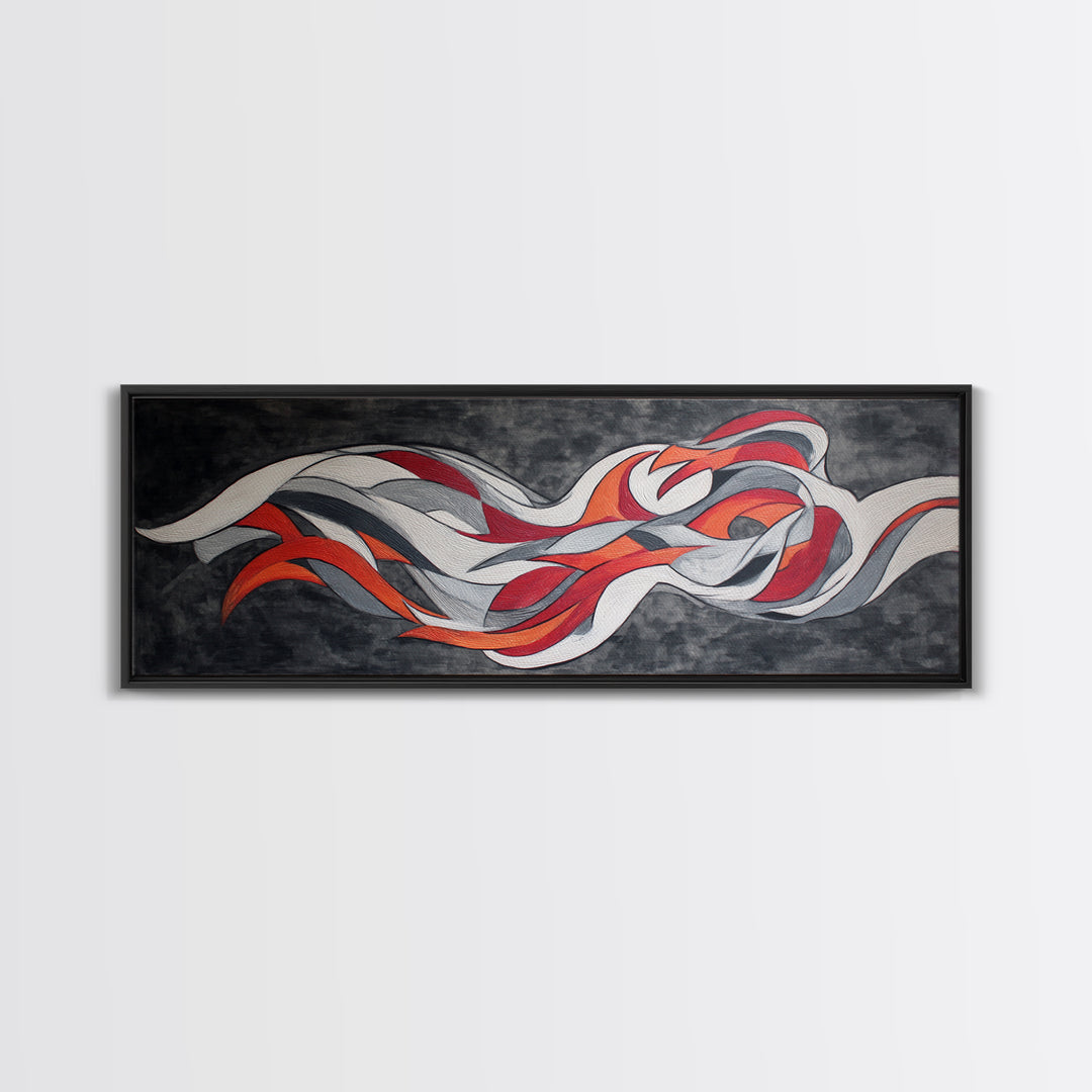 Flowing Red White Silver Ribbons Wall Art, Abstract Midcentury Modern Canvas Print, Retro Mcm Decor, Large Horizontal Art