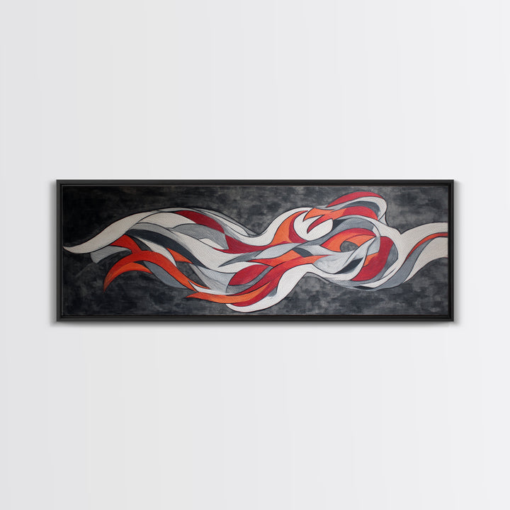 Flowing Red White Silver Ribbons Wall Art, Abstract Midcentury Modern Canvas Print, Retro Mcm Decor, Large Horizontal Art