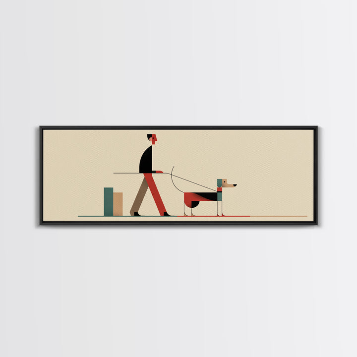 Minimal Man Walking Dog Framed Canvas Print, Mid Century Modern Art, Scandinavian Modern Wall Decor, Geometric Home Decor