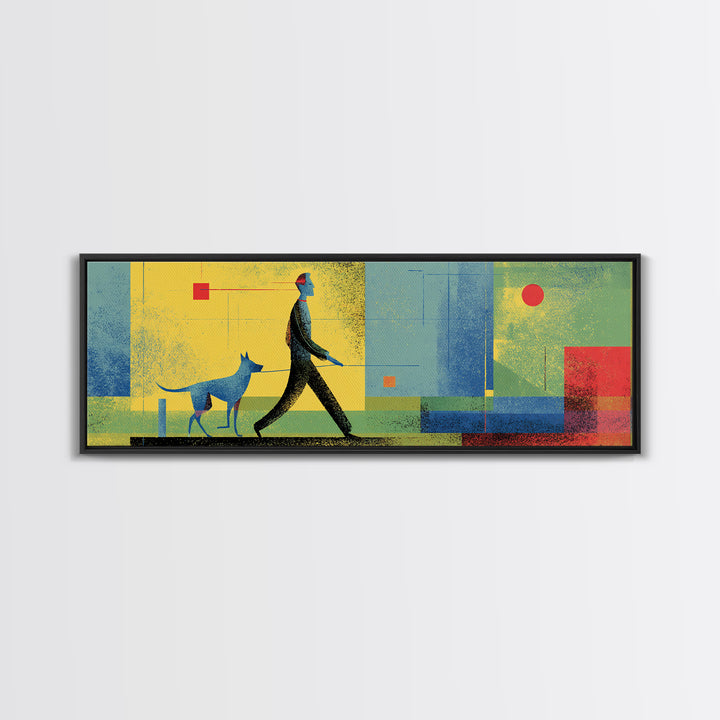Textured Blue Dog Walker Wall Art, Mid Century Modern Canvas, Colorful Geometric Poster, Retro Abstract Living Room Decor