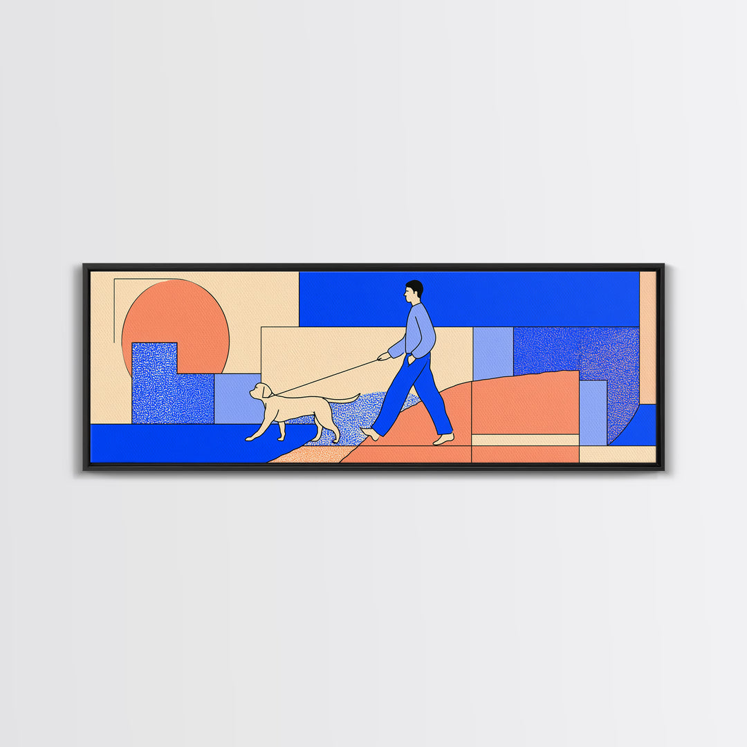 Minimal Blue Dog Walker Wall Art, Mid Century Modern Print, Scandinavian Geometric Decor, Coral Blue Home Office Art, Apartment Decor