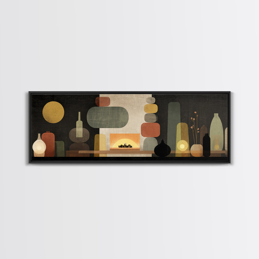 Glowing Fireplace Vessels Canvas Print, Midcentury Modern Wall Decor, Retro Abstract Art For Living Room, Office Decor, And Home Decor