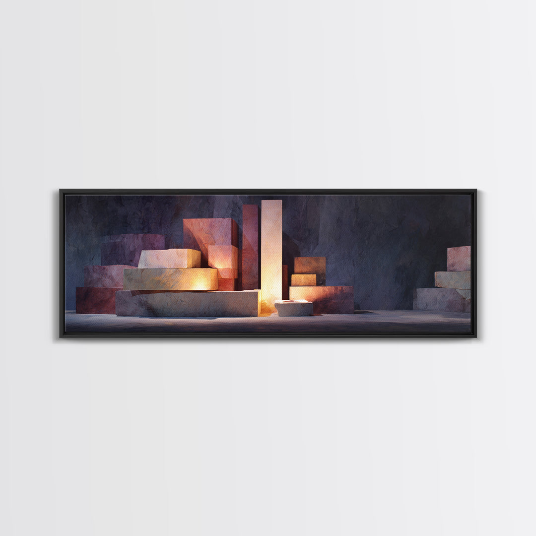 Illuminated Geometric Blocks Framed Canvas Print, Midcentury Modern Abstract Art, MCM Wall Decor For Office And Home Decor
